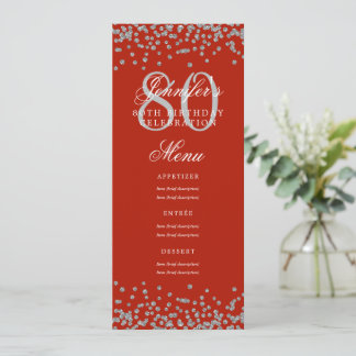 Invitation 80e Anniversaire Menu Fête Argent Confetti Rouge
