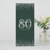 Invitation 80e Anniversaire Menu Fête Argent Confetti Vert (Debout devant)