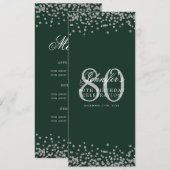 Invitation 80e Anniversaire Menu Fête Argent Confetti Vert (Devant / Derrière)