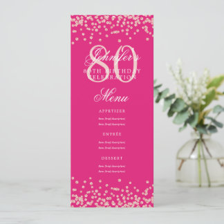 Invitation 80e anniversaire Menu Rose Gold Confetti Hot Pink
