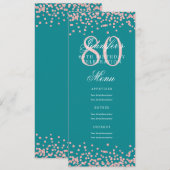 Invitation 80e Anniversaire Menu Rose Gold Confetti Turquoise (Devant / Derrière)