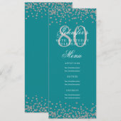 Invitation 80e Anniversaire Menu Silver Confetti Turquoise (Devant / Derrière)