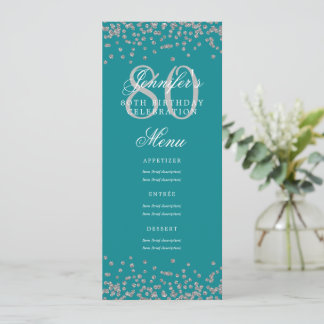 Invitation 80e Anniversaire Menu Silver Confetti Turquoise