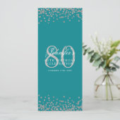 Invitation 80e Anniversaire Menu Silver Confetti Turquoise (Debout devant)