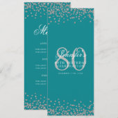 Invitation 80e Anniversaire Menu Silver Confetti Turquoise (Devant / Derrière)