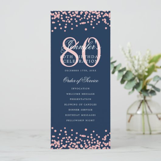 Invitation 80e anniversaire Merci Rose Gold Navy Blue (Debout devant)