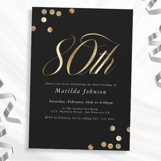 Invitation 80e anniversaire minimaliste noir et or