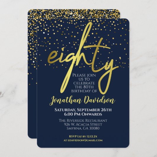 Invitation 80e anniversaire moderne Marine Gold (Devant / Derrière)