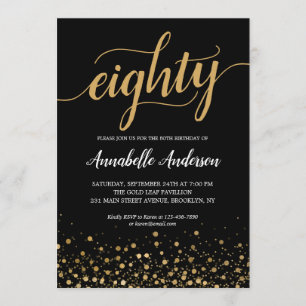Invitation 80e anniversaire moderne Noir Confetti Script