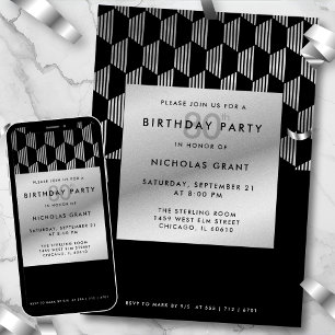 Invitation 80e Anniversaire Moderne Noir Faux Feuille d'Argen