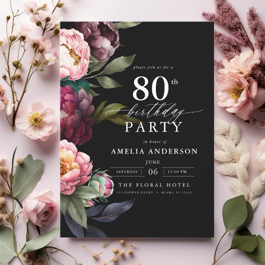 Invitation 80e anniversaire Moody moderne Bourgogne Blush Flo