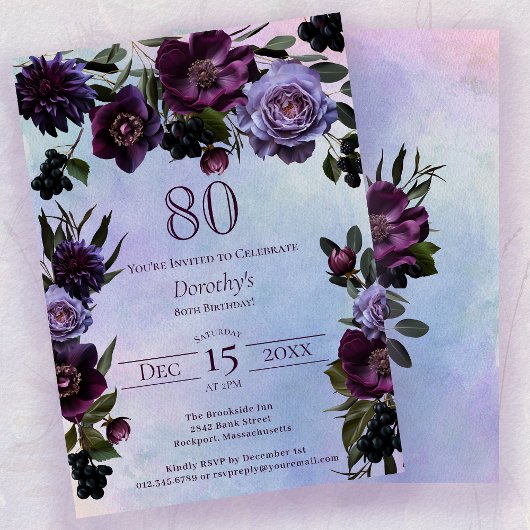 Invitation 80e anniversaire Moody Purple Gothic Flower