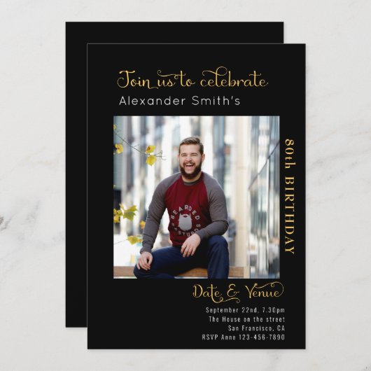 Invitation 80e anniversaire Noir (Devant / Derrière)