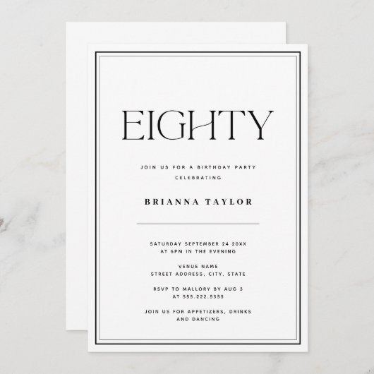 Invitation 80e anniversaire Noir & Blanc (Devant / Derrière)