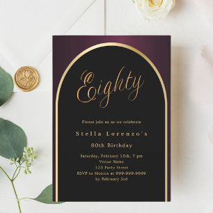 Invitation 80e anniversaire noir bordeaux or arc luxe