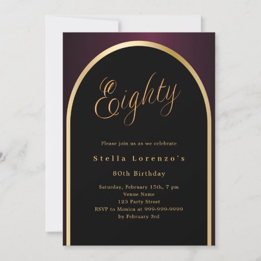 Invitation 80e anniversaire noir bordeaux or arc script (Devant)