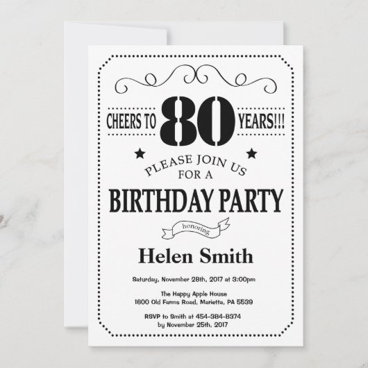 Invitation 80e anniversaire Noir et blanc (Devant)