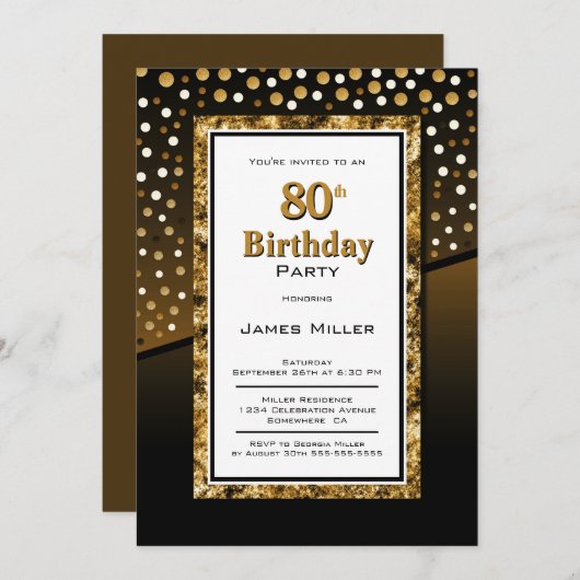 Invitation 80e anniversaire Noir et or (Devant / Derrière)