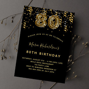 Invitation 80e anniversaire noir léopard motif confetti