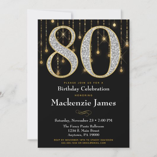 Invitation 80e anniversaire Noir Or Diamants Adult (Devant)