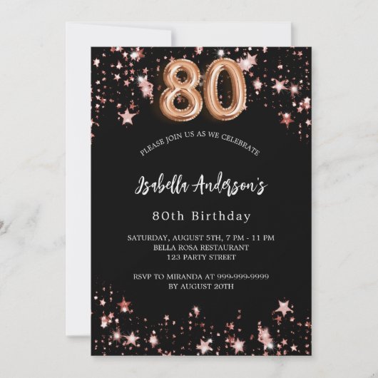 Invitation 80e anniversaire noir rose or étoiles luxe (Devant)