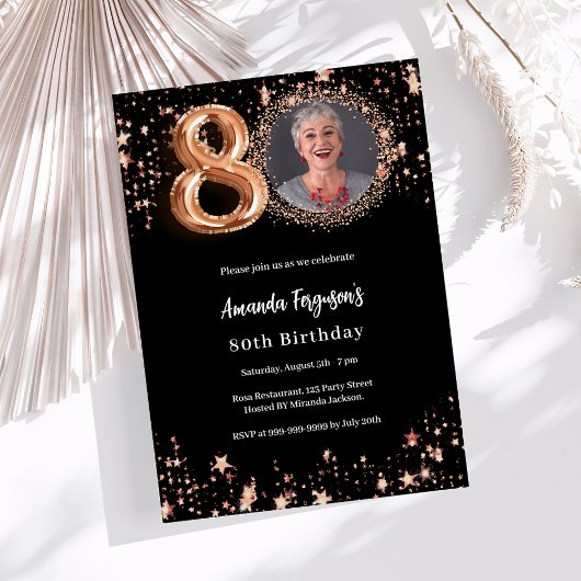 Invitation 80e anniversaire noir rose or photo étoiles luxe