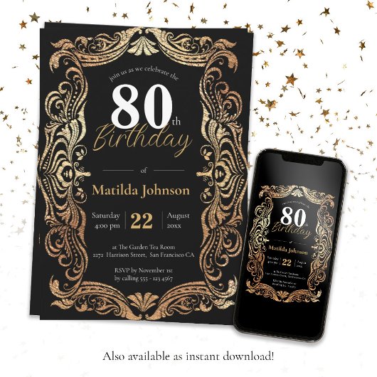 Invitation 80e Anniversaire Or Noir Glamour Boho Élégant