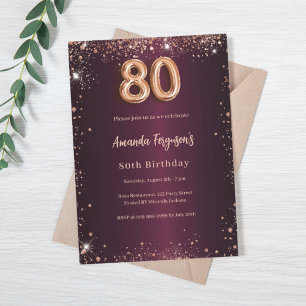 Invitation 80e anniversaire or rose bordeaux
