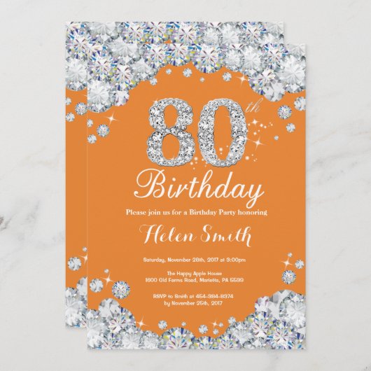 Invitation 80e anniversaire Orange et Silver Diamond (Devant / Derrière)