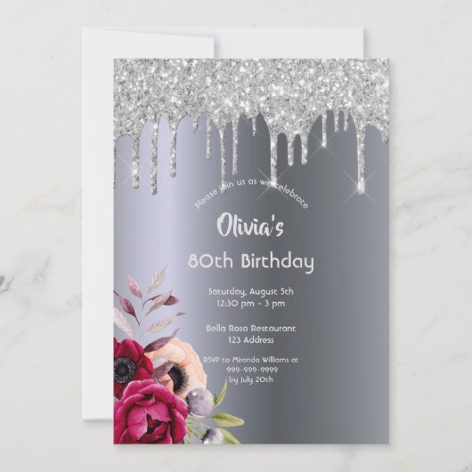 Invitation 80e anniversaire parties scintillant d'argent gout (Devant)
