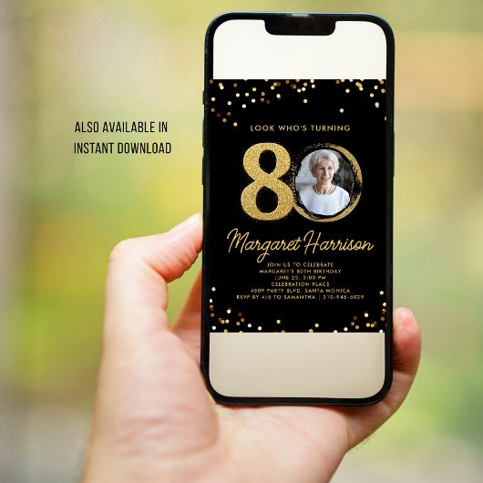 Invitation 80e anniversaire Parties scintillant d'or Confetti