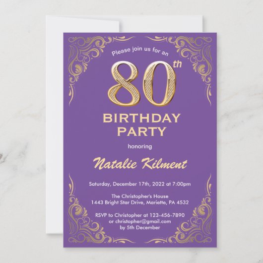 Invitation 80e anniversaire Parties scintillant violet et or (Devant)