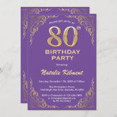 Invitation 80e anniversaire Parties scintillant violet et or (Devant / Derrière)