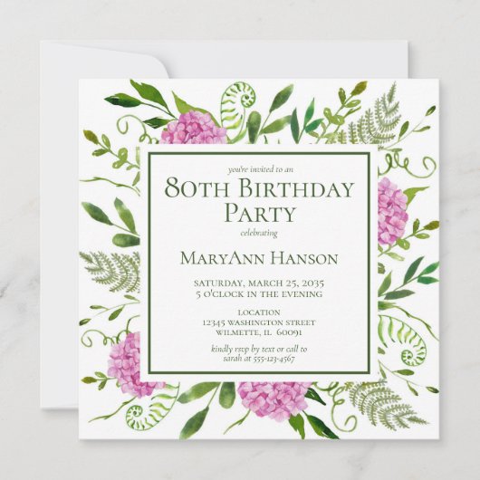 Invitation 80e anniversaire Pink Hydrangeas (Devant)