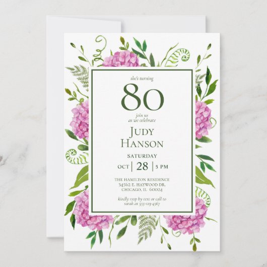 Invitation 80e anniversaire Pink Hydrangeas (Devant)