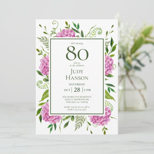 Invitation 80e anniversaire Pink Hydrangeas (Debout devant)