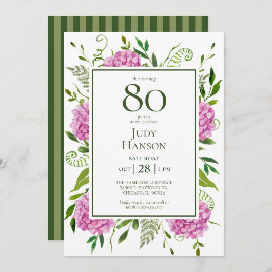 Invitation 80e anniversaire Pink Hydrangeas (Devant / Derrière)