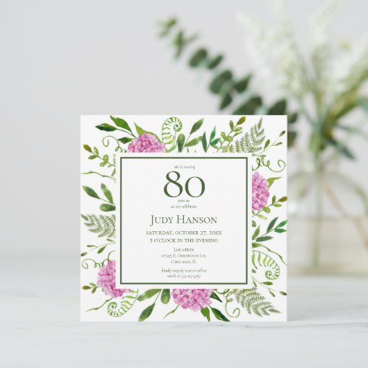 Invitation 80e anniversaire Pink Hydrangeas (Debout devant)