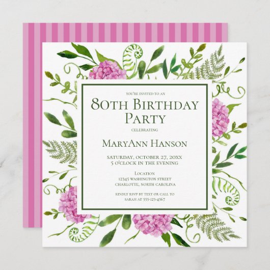 Invitation 80e anniversaire Pink Hydrangeas Floral Aquarelle (Devant / Derrière)