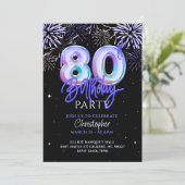 Invitation 80e anniversaire pour lui Blue Fireworks Foil Ball (Debout devant)
