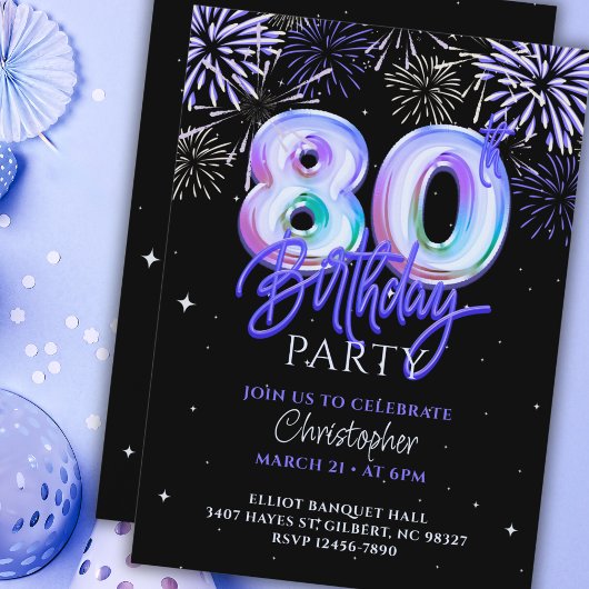 Invitation 80e anniversaire pour lui Blue Fireworks Foil Ball