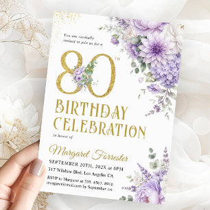 Invitation 80e Anniversaire Poussiéreux Violet Floral Paillet