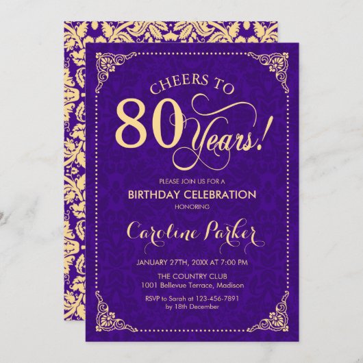 Invitation 80e anniversaire - Purple Gold Damask (Devant / Derrière)
