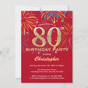 Invitation 80e anniversaire Red and Gold Rainbow Fireworks