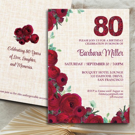Invitation 80e anniversaire - Red Peonies Linen 80 ans