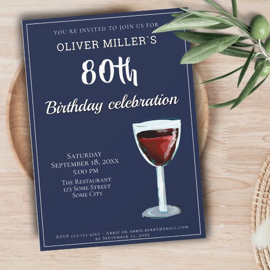 Invitation 80e anniversaire Red Wine Navy Blue Party