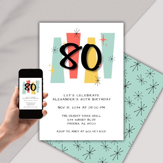 Invitation 80e anniversaire Retro Midsiècle moderne coloré