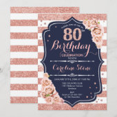 Invitation 80e anniversaire - Rose de la marine Gold et White (Devant / Derrière)