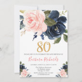 Invitation 80e anniversaire rose et bleu marine floral (Devant)