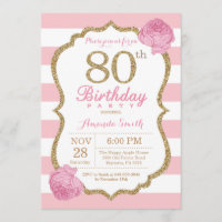 Invitation 80e anniversaire rose et or Floral